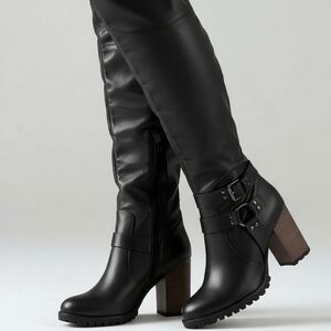 Women's Black High Heel Buckle Riding Boots